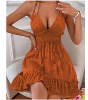 Selling Women's Clothes Deep V Strap Wooden Ear Shirring Backless Sexy Dress