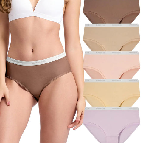 BAMBOO COOL Womens Underwear Soft Mid Waist Brief Moisture Wicking Panties for Women 5 Pack