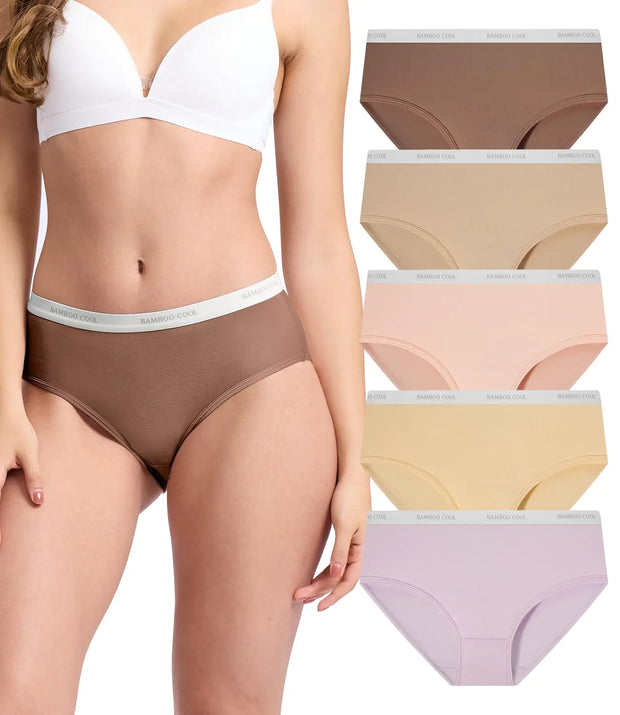 BAMBOO COOL Womens Underwear Soft Mid Waist Brief Moisture Wicking Panties for Women 5 Pack