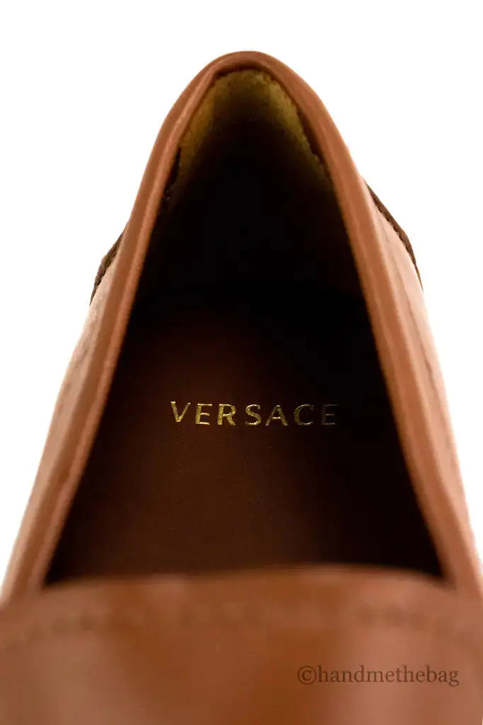 Versace Warm Brown Leather Gold Greek Key Driver Loafers Douson Odeh