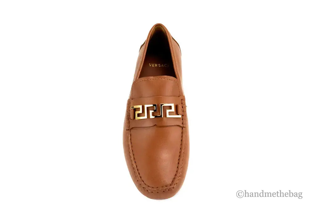 Versace Warm Brown Leather Gold Greek Key Driver Loafers Douson Odeh