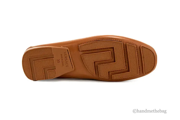Versace Warm Brown Leather Gold Greek Key Driver Loafers Douson Odeh
