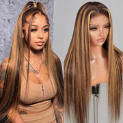 NARNI Honey Blonde Ombre Lace Front Wig Human Hair 24 Inch Highlight Straight 13x4 Lace Front Wigs Human Hair Pre Plucked 180 Density Glueless 4/27 Lace Frontal Human Hair Wig