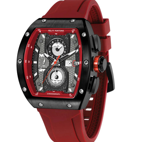 FELITI FORTONS Mens Watches Sport Tonneau 3ATM Waterproof Chronograph Luminous Quartz Watches of Men Silicone Strap with Gift for Men