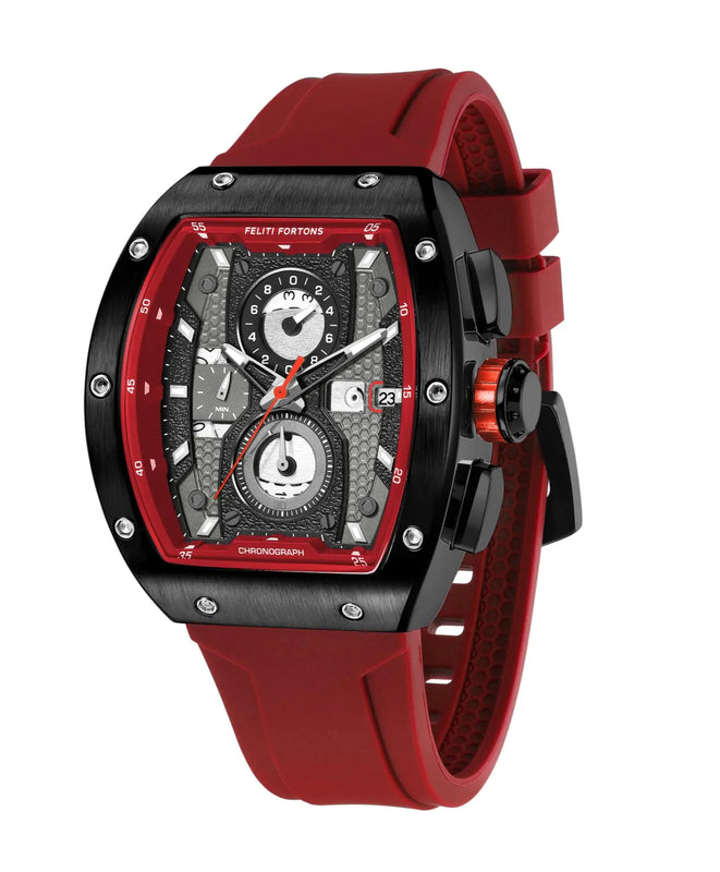FELITI FORTONS Mens Watches Sport Tonneau 3ATM Waterproof Chronograph Luminous Quartz Watches of Men Silicone Strap with Gift for Men